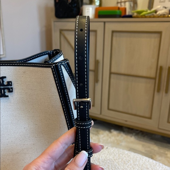 Tory Burch Ivory Canvas Bucket Bag with Black Trim - Picture 10 of 10